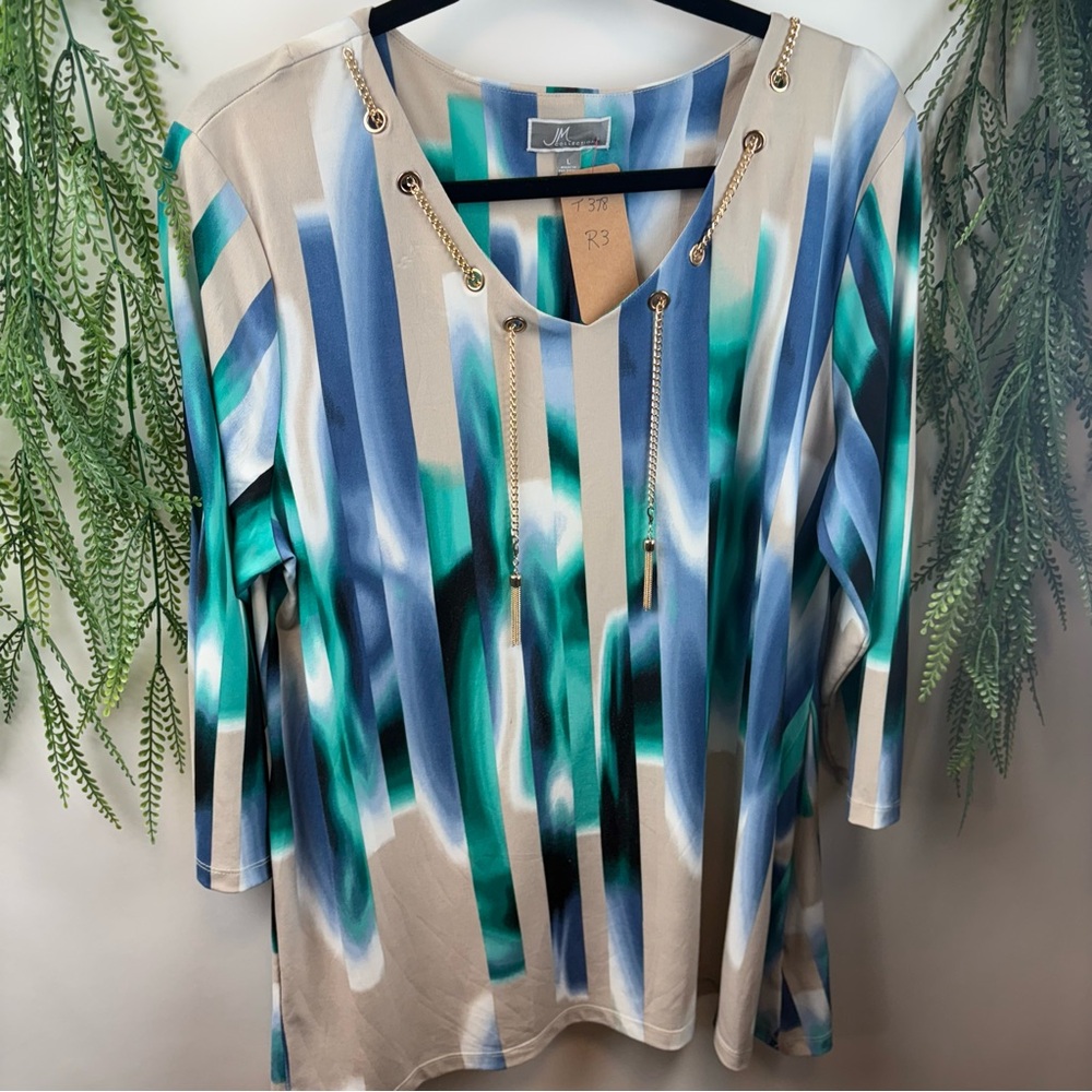 JM Collection. Blouse. Size Large. Blue/ cream/ green.